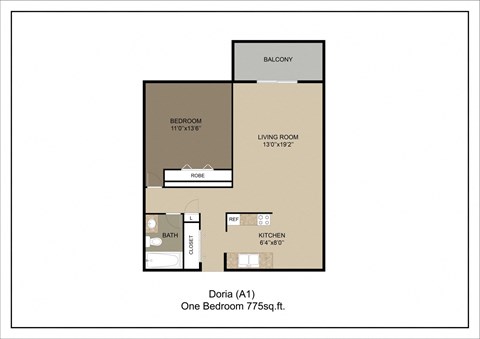 Floor plan for 1 bed, 1 bath, 775 sqft